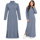 Women's Elegant Dusty Blue Ribbed Knit Turtleneck Maxi Dress DF9856