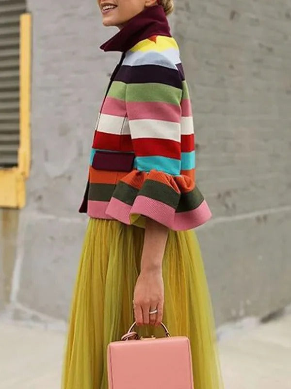 1 PC Flared Sleeves Multi-Colored Striped Lapel Jackets Outerwear 116746 1 PC Flared Sleeves Multi-Colored Striped Lapel Jackets Outerwear 116746