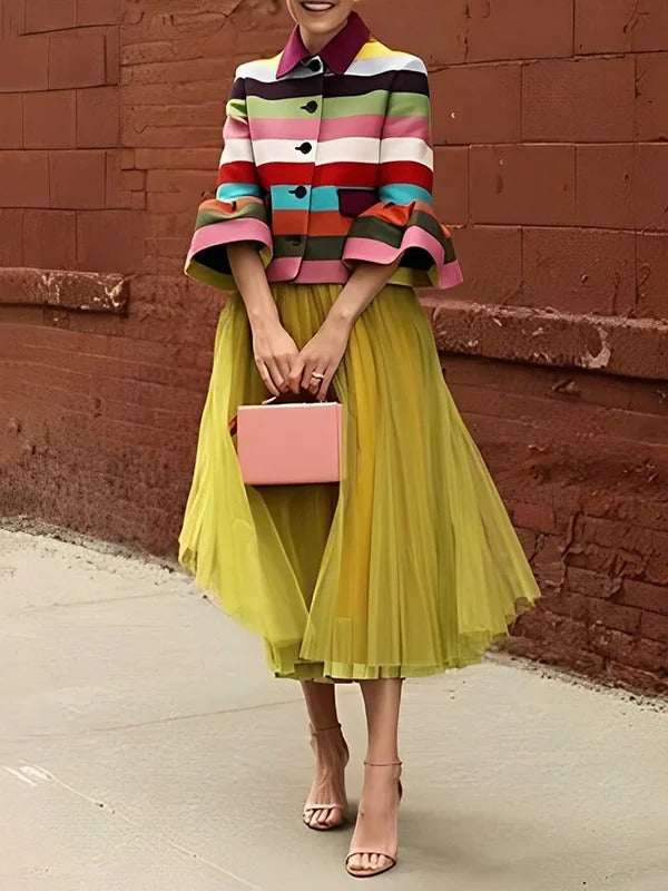 1 PC Flared Sleeves Multi-Colored Striped Lapel Jackets Outerwear 116746 1 PC Flared Sleeves Multi-Colored Striped Lapel Jackets Outerwear 116746