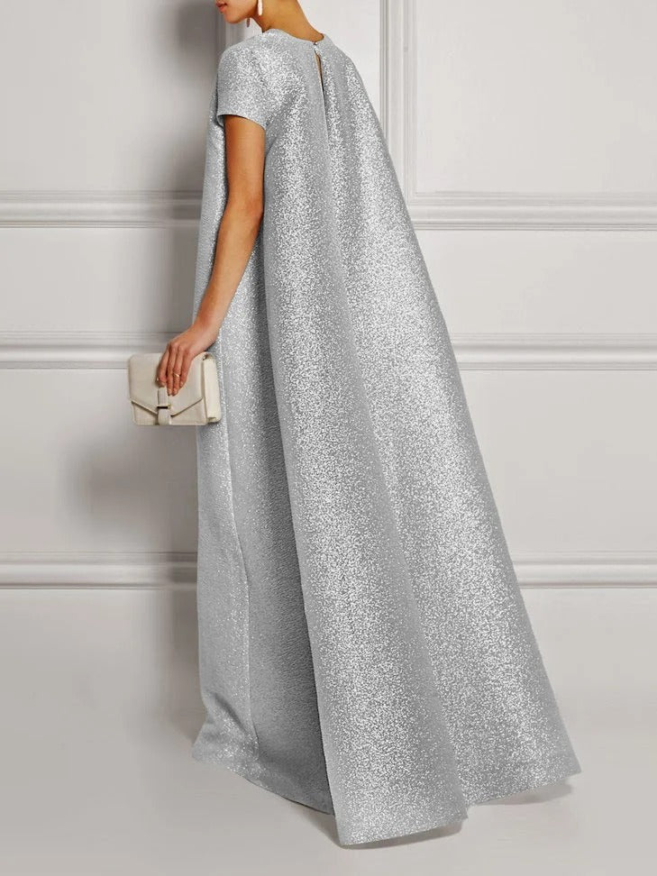 Loose Short Sleeves Shiny Solid Color V-Neck Maxi Dresses L 124209