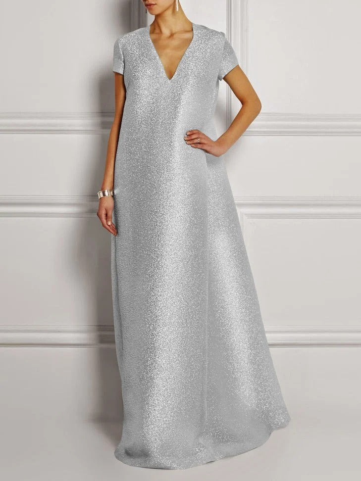 Loose Short Sleeves Shiny Solid Color V-Neck Maxi Dresses L 124209
