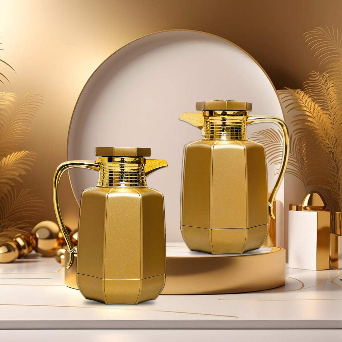 Premium Arabic Coffee Tea Pot Vacuum Flask 2 Pcs Gift Set - (1.0L +07L) - Gold Premium Arabic Coffee Tea Pot Vacuum Flask 2 Pcs Gift Set - (1.0L +07L) - Gold