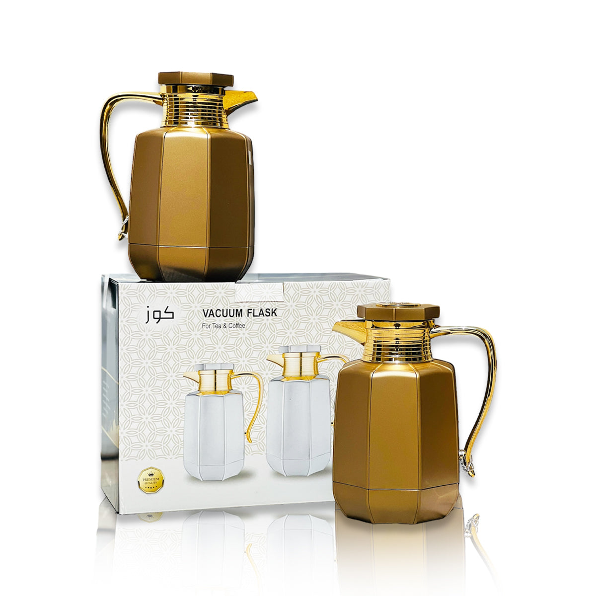 Premium Arabic Coffee Tea Pot Vacuum Flask 2 Pcs Gift Set - (1.0L +07L) - Gold Premium Arabic Coffee Tea Pot Vacuum Flask 2 Pcs Gift Set - (1.0L +07L) - Gold