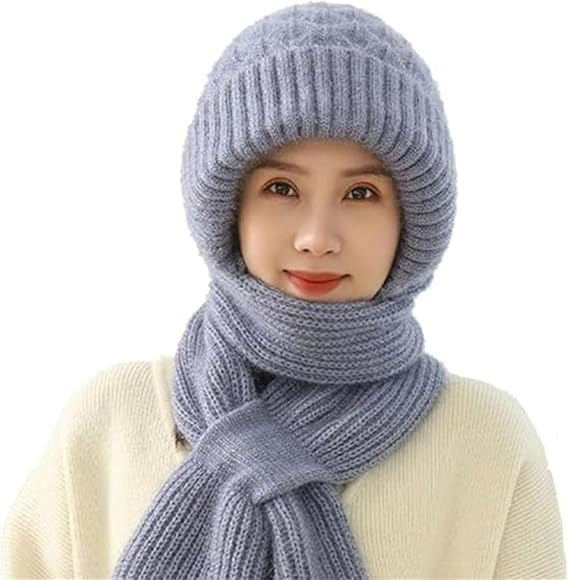 Warm Hooded Scarf Hat Winter Knitted Cap - 62634