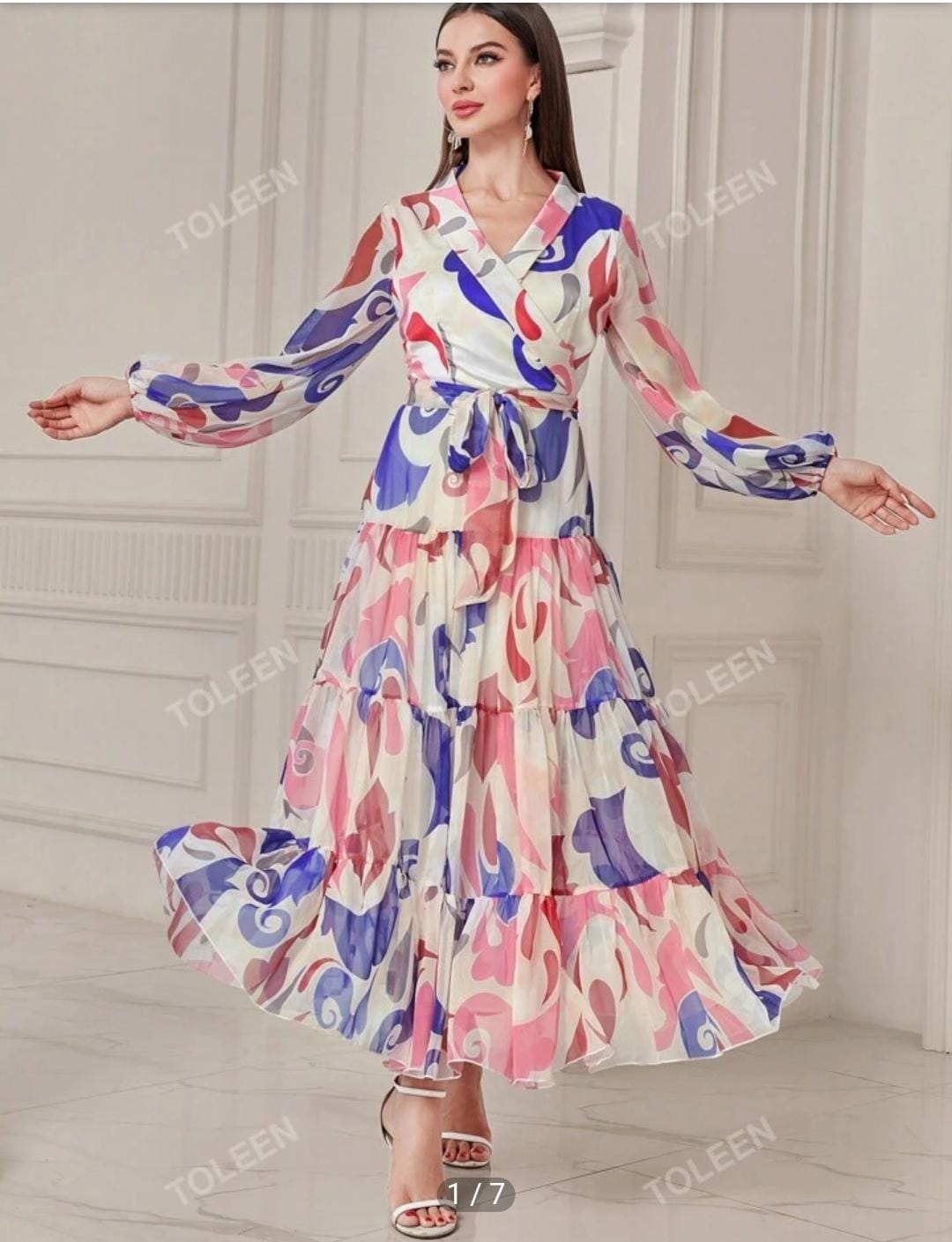 Women Allover Print Lantern Sleeve Ruffle Hem Belted Dress S4605791 XL Women Allover Print Lantern Sleeve Ruffle Hem Belted Dress S4605791 XL