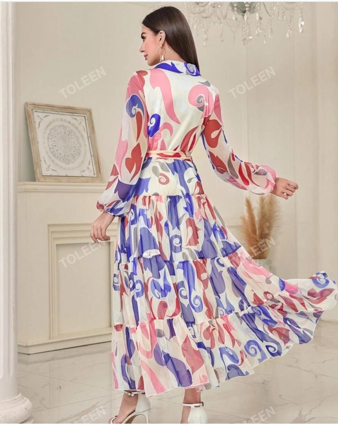 Women Allover Print Lantern Sleeve Ruffle Hem Belted Dress S4605791 XL Women Allover Print Lantern Sleeve Ruffle Hem Belted Dress S4605791 XL