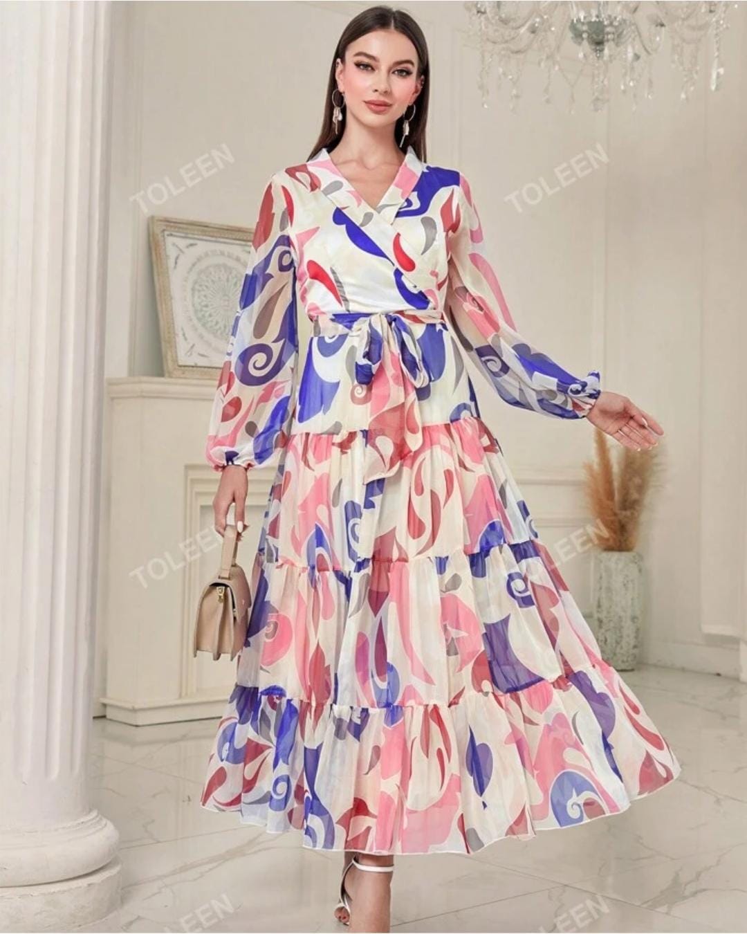 Women Allover Print Lantern Sleeve Ruffle Hem Belted Dress S4605791 XL Women Allover Print Lantern Sleeve Ruffle Hem Belted Dress S4605791 XL