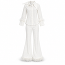 Women’s White Feather-Trim Blouse & Flared Trouser Set YD07