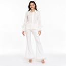 Women’s White Feather-Trim Blouse & Flared Trouser Set YD07