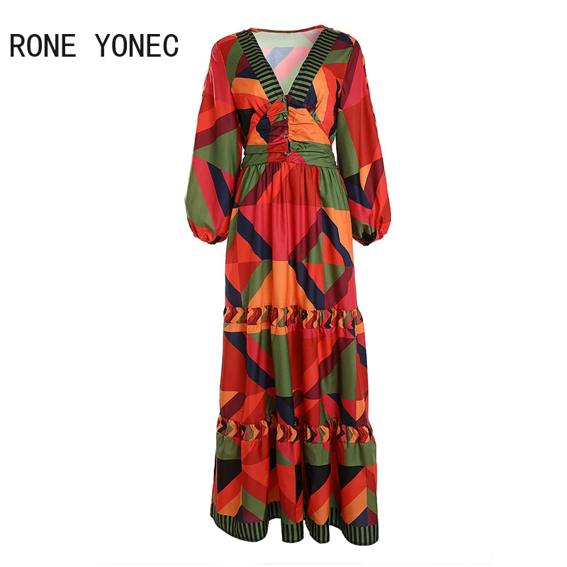Women Chic Deep V Neck Geo Print Ruffles Hem Long Lantern Sleeves Maxi A-line Casual Dress S4579206 Women Chic Deep V Neck Geo Print Ruffles Hem Long Lantern Sleeves Maxi A-line Casual Dress S4579206