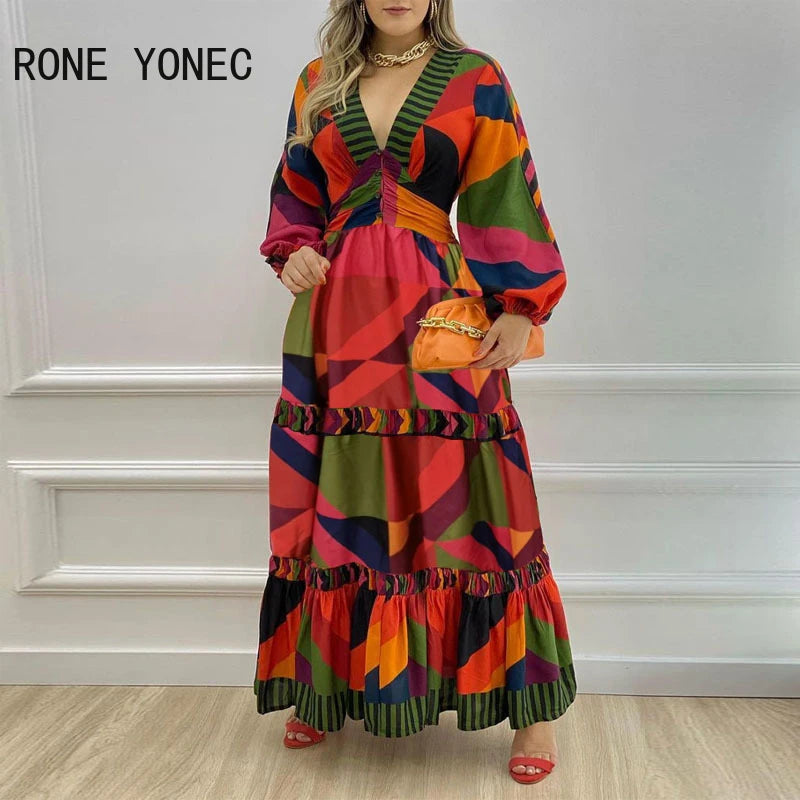 Women Chic Deep V Neck Geo Print Ruffles Hem Long Lantern Sleeves Maxi A-line Casual Dress S4579206 Women Chic Deep V Neck Geo Print Ruffles Hem Long Lantern Sleeves Maxi A-line Casual Dress S4579206