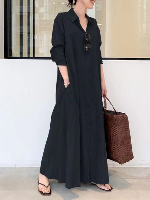 Fashion Women Dress Summer Casual Dresses Linen Vintage Maxi Casual Ladies Shirt Dresses B-15696 - Tuzzut.com Qatar Online Shopping