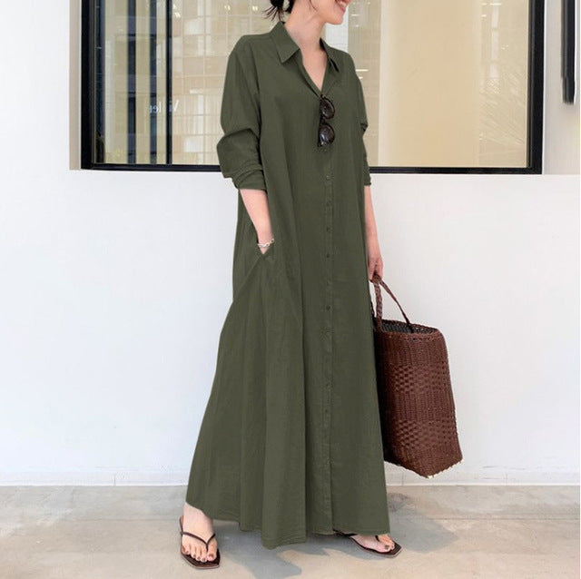 Fashion Women Dress Summer Casual Dresses Linen Vintage Maxi Casual Ladies Shirt Dresses B-15696 - Tuzzut.com Qatar Online Shopping