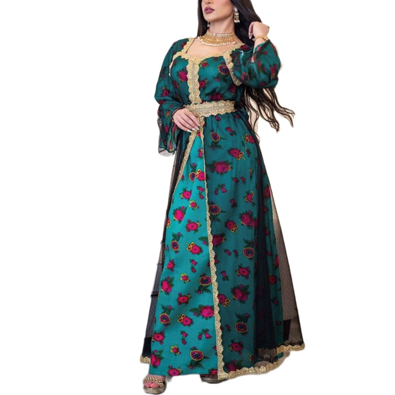 Women Ramadan Arab Dubai Ethnic Maxi Dress Embroidery Lace Long Sleeve Muslim Kaftan Floral Print Mesh Belted Eid Mubarak S3356490