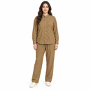 Women’s Khaki Brown Striped Mandarin-Collar Shirt & Trouser Set YD55