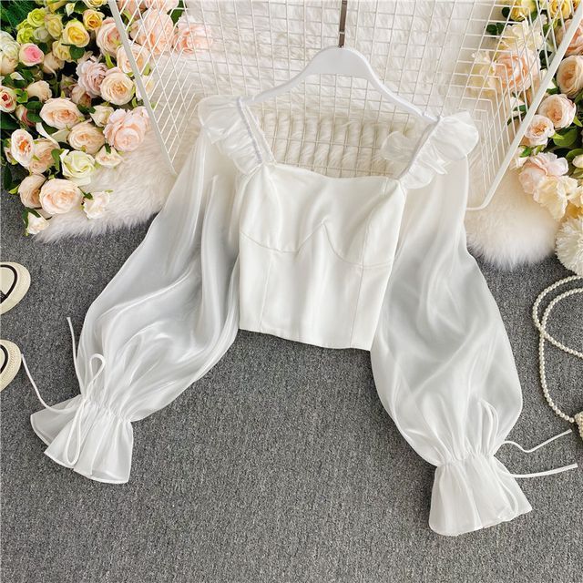 Square-Neck Chiffon Ruffle Long-Sleeve Top 530867 - TUZZUT Qatar Online Shopping