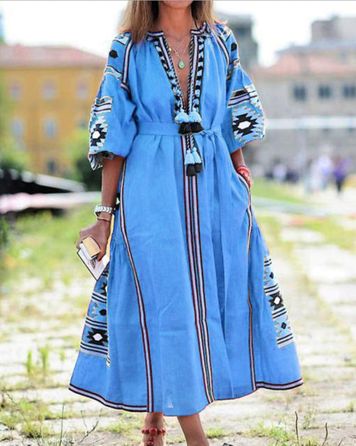 Vestido Spring Summer Women's Boho Dress Fashion Elegant V-Neck Retro Digital Printed Tassel Puff Sleeve Mid Length Dresses B-25536 Vestido Spring Summer Women's Boho Dress Fashion Elegant V-Neck Retro Digital Printed Tassel Puff Sleeve Mid Length Dresses B-25536