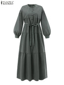 ZANZEA Fashion Women Lace Up Spring Muslim Maxi Dress 2023 Long Sleeve O-Neck Ruffled Vestidos Elegant Casual Party Loose Robe  S4496086 - Tuzzut.com Qatar Online Shopping