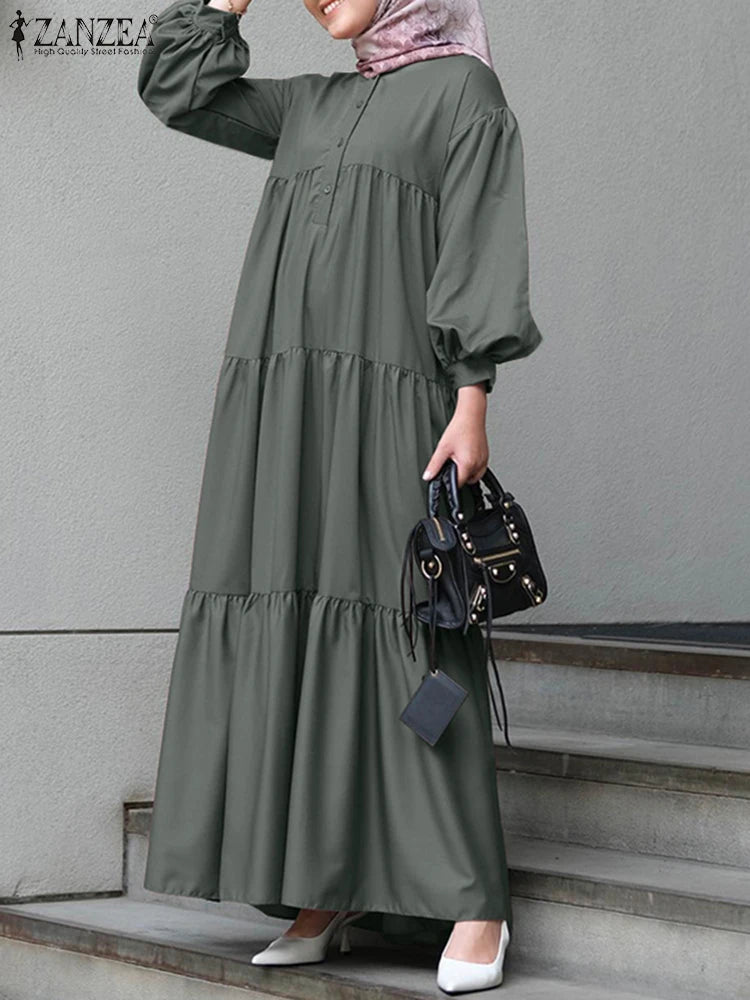 ZANZEA Fashion Women Lace Up Spring Muslim Maxi Dress 2023 Long Sleeve O-Neck Ruffled Vestidos Elegant Casual Party Loose Robe  S4496086 - Tuzzut.com Qatar Online Shopping