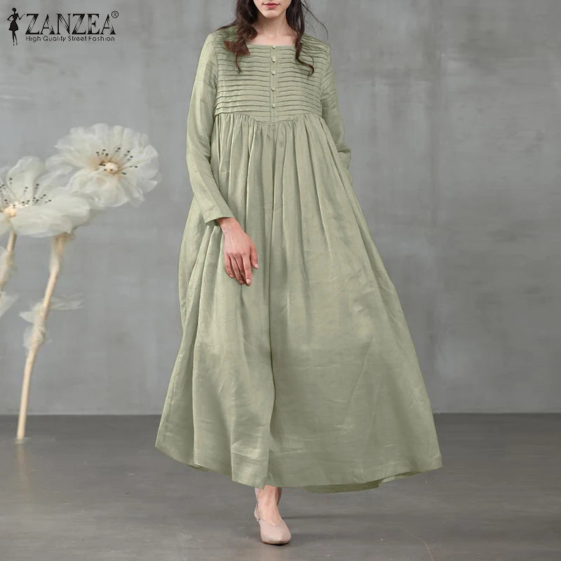 ZANZEA Spring Elegant Sundress Vintage Women Square Neck Long Sleeve Solid Long Dress Casual Pleated Party Vestido S2977409
