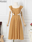 ZANZEA Women Printed Shirt Dress Summer Sleeveless Maxi Vestidos Fashion Ruffle Sleeve Sundress Lace Patchwork Party Robes S4605708 - Tuzzut.com Qatar Online Shopping