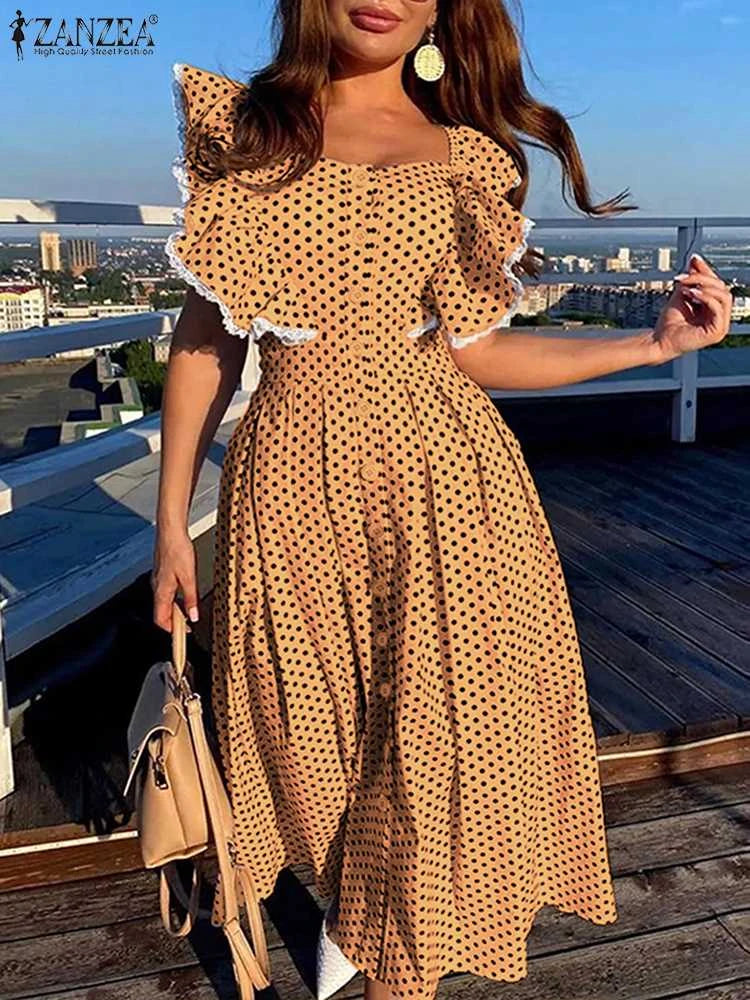 ZANZEA Women Printed Shirt Dress Summer Sleeveless Maxi Vestidos Fashion Ruffle Sleeve Sundress Lace Patchwork Party Robes S4605708 ZANZEA Women Printed Shirt Dress Summer Sleeveless Maxi Vestidos Fashion Ruffle Sleeve Sundress Lace Patchwork Party Robes S4605708