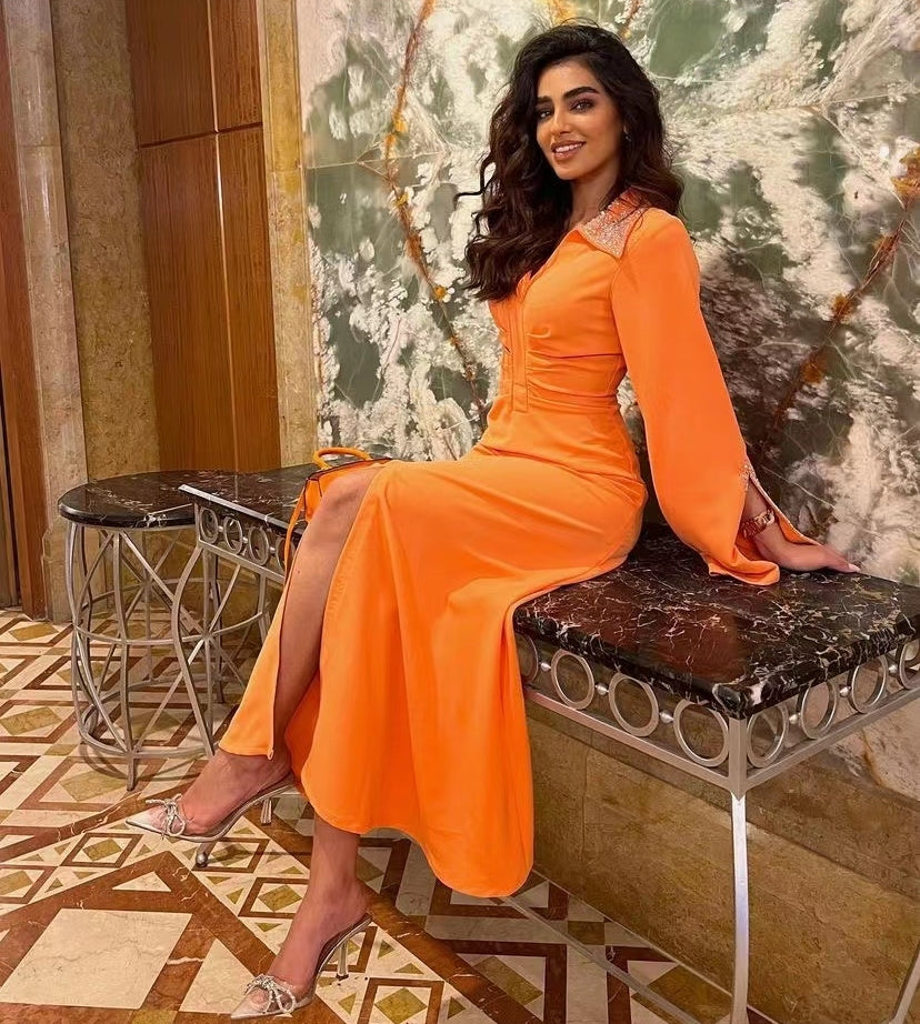 Lapel V Neck Prom Dresses Beaded Long Sleeves Vestidos De Fiesta Ruched Front Slit Special Occasion Women Wear Evening XL S4782520 Lapel V Neck Prom Dresses Beaded Long Sleeves Vestidos De Fiesta Ruched Front Slit Special Occasion Women Wear Evening XL S4782520