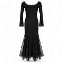 Women's Elegant Black Lace-Up Long Sleeve Maxi Dress with Floral Lace Hem - M