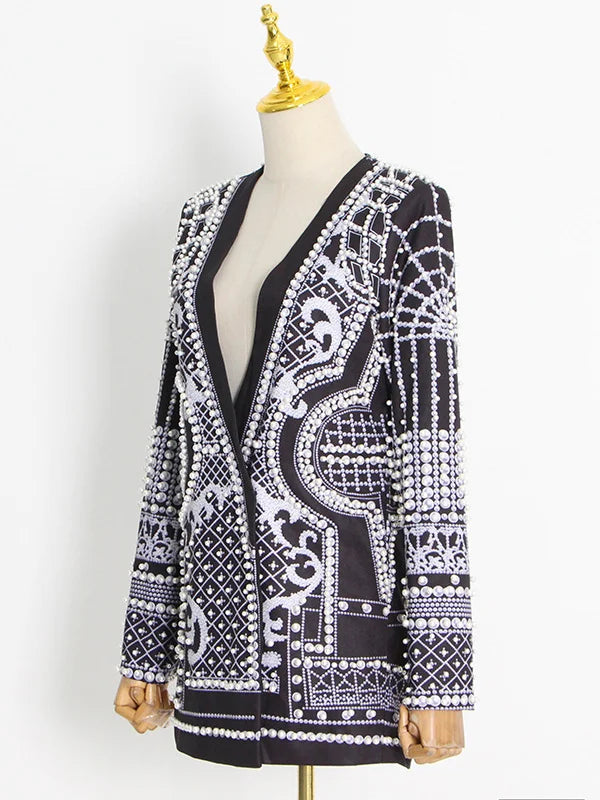 Original Creation Loose Long Sleeves Beads Printed V-Neck Blazer Outerwear 111148 Original Creation Loose Long Sleeves Beads Printed V-Neck Blazer Outerwear 111148