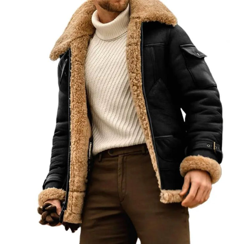 Winter Men's Casual Coat Lapel Jacket Denim Warm Fur Collar Fleece Lined Jacket XXL S4776860 - Tuzzut.com Qatar Online Shopping