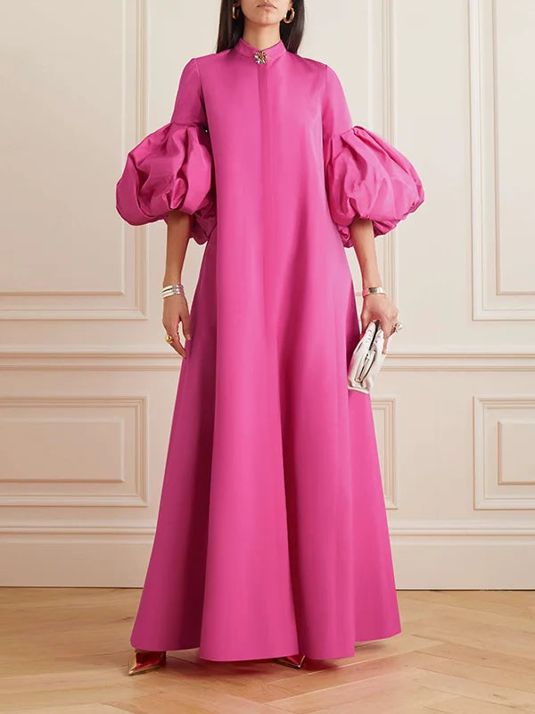 Loose Flower Shape Solid Color Stand Collar Lantern Sleeves Maxi Dresses 126174 Loose Flower Shape Solid Color Stand Collar Lantern Sleeves Maxi Dresses 126174