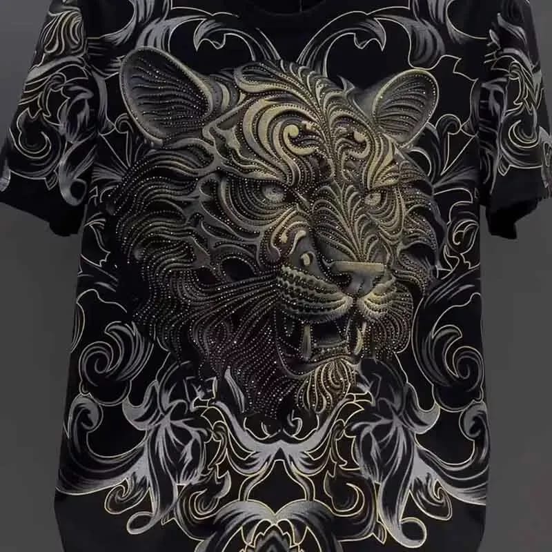 New Fashion Trend Lion Hot Diamonds Rhinestones Black Summer Luxury Men T-Shirt 2073020 New Fashion Trend Lion Hot Diamonds Rhinestones Black Summer Luxury Men T-Shirt 2073020