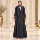 Black Pinstripe Double-Breasted Long Coat Dress with Brown Cuffs MC-A4