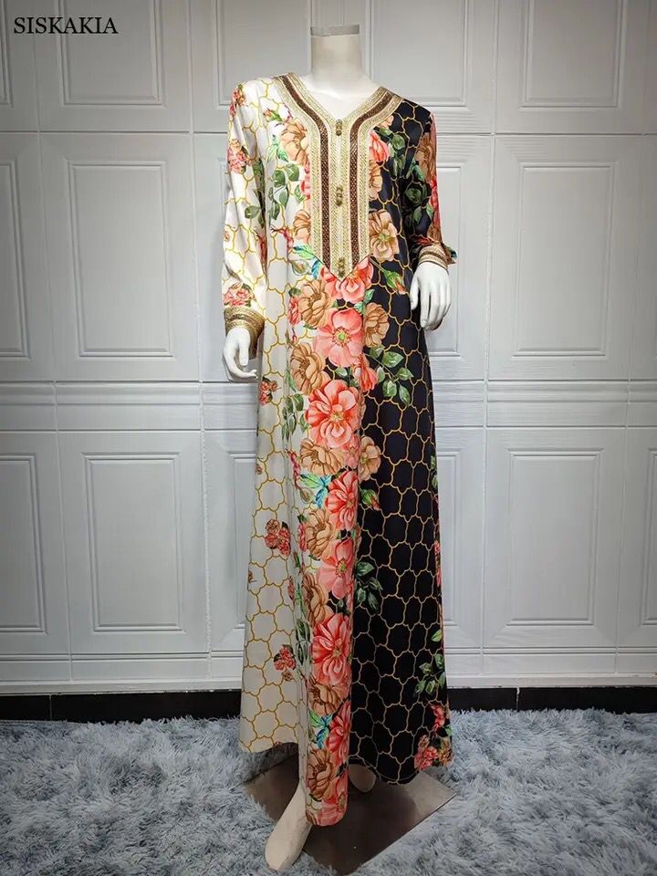 Chic Ethnic Floral Maxi Dress for Women Tape Hotfix Diamond Trim V Neck Long Sleeve Loose Arab Oman Dubai Muslim Abaya XL S4621606