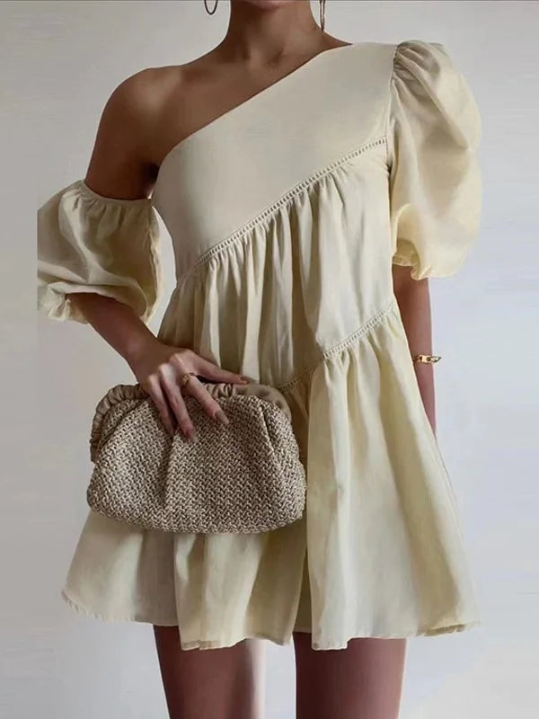 Loose Puff Sleeves Asymmetric Solid Color One-Shoulder Mini Dresses XL 119471 Loose Puff Sleeves Asymmetric Solid Color One-Shoulder Mini Dresses XL 119471