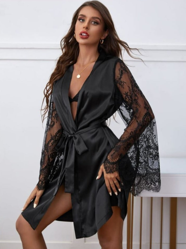 Contrast Eyelash Lace Belted Satin Robe Without Lingerie XL S4824635