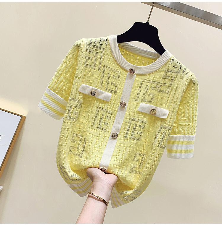 Ice Slik Thin Knitted Women Pullovers Summer Hollow Out Short Sleeve O-neck Buttons Knitwear Sweaters Elegant Fashion Chic Tops XL S4843228 Ice Slik Thin Knitted Women Pullovers Summer Hollow Out Short Sleeve O-neck Buttons Knitwear Sweaters Elegant Fashion Chic Tops XL S4843228
