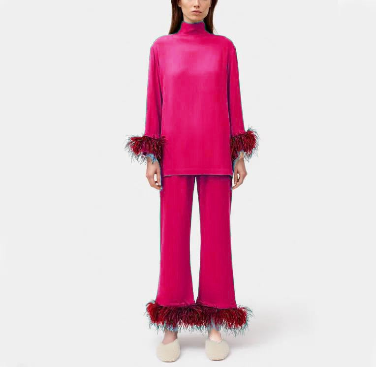 Long Sleeved Feather Pajamas for Women Casual 2XL 070727955 Long Sleeved Feather Pajamas for Women Casual 2XL 070727955