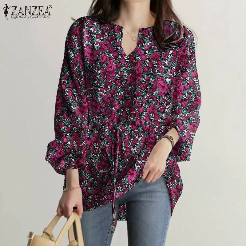 Bohemian Printed Blouse Women Vintage Full Sleeve Chemise ZANZEA Floral V Neck Drawstring Shirt Holiday Beach Tops Femme Blusas S S4340838 - Tuzzut.com Qatar Online Shopping