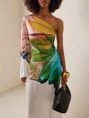 Long Sleeves Loose Asymmetric Flower Print One-Shoulder Maxi Dresses 162749 - TUZZUT Qatar Online Shopping