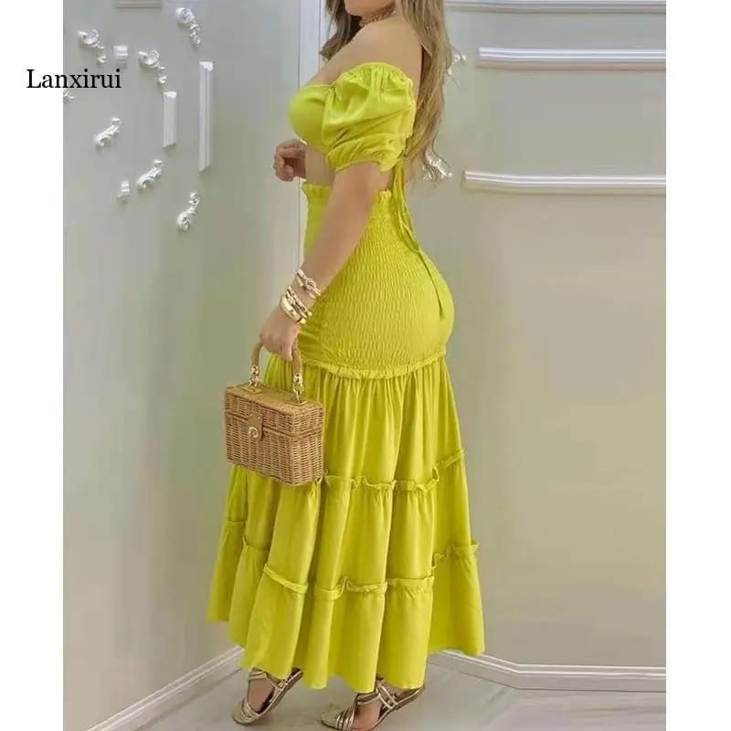 Sexy Dress Women Yellow Two Piece Set Square Collar Short Sleeve High Waist Split Fork Slim Dress M S3781665