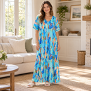 Turquoise Abstract Print V-Neck Maxi Dress MC-A45