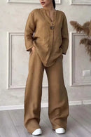 Casual Linen Top Wide Leg Pant Suit TP0012 - TUZZUT Qatar Online Shopping
