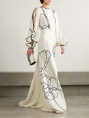 Loose Contrast Color Falbala Flower Print Hollow Zipper Maxi Dresses 150242 - TUZZUT Qatar Online Shopping