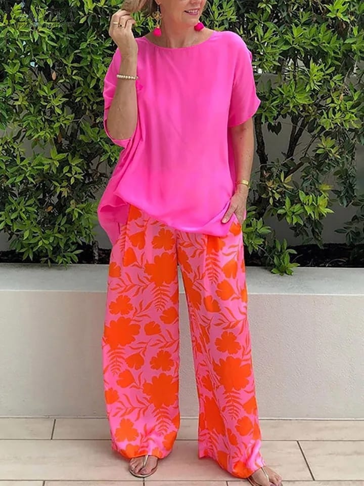 ZANZEA Casual Streetwear Women 2 Piece Set Elegant O-neck Short Sleeved Top With Print Long Pants Suit New Loose Homewear Outfit 4XL S4541872 ZANZEA Casual Streetwear Women 2 Piece Set Elegant O-neck Short Sleeved Top With Print Long Pants Suit New Loose Homewear Outfit 4XL S4541872