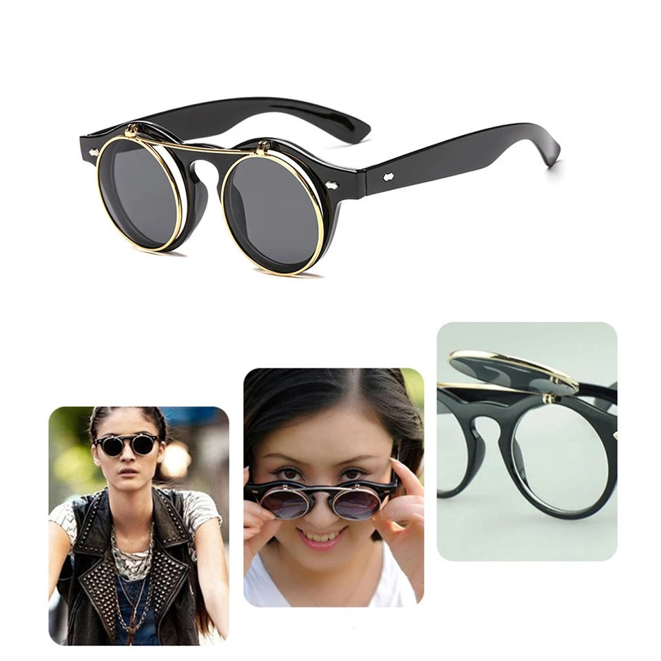 Designer Round Steam Punk Metal Flip Sunglasses S4977 Designer Round Steam Punk Metal Flip Sunglasses S4977