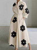 Long Sleeves Loose Contrast Color Floral Printed Pleated Tied Waist Lapel Shirt Dress 127769
