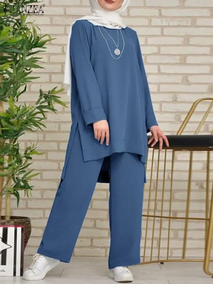 ZANZEA Autumn Vintage Muslim Sets Women Long Sleeve Blouse Pant Sets 2PCS Dubai Turkey Abaya Hijab Outifits Solid Tracksuit S S4731361 - Tuzzut.com Qatar Online Shopping
