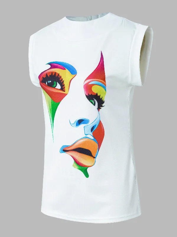Original Casual High-Neck Cap Sleeves Face Printed T-Shirt Top L 105023 Original Casual High-Neck Cap Sleeves Face Printed T-Shirt Top L 105023