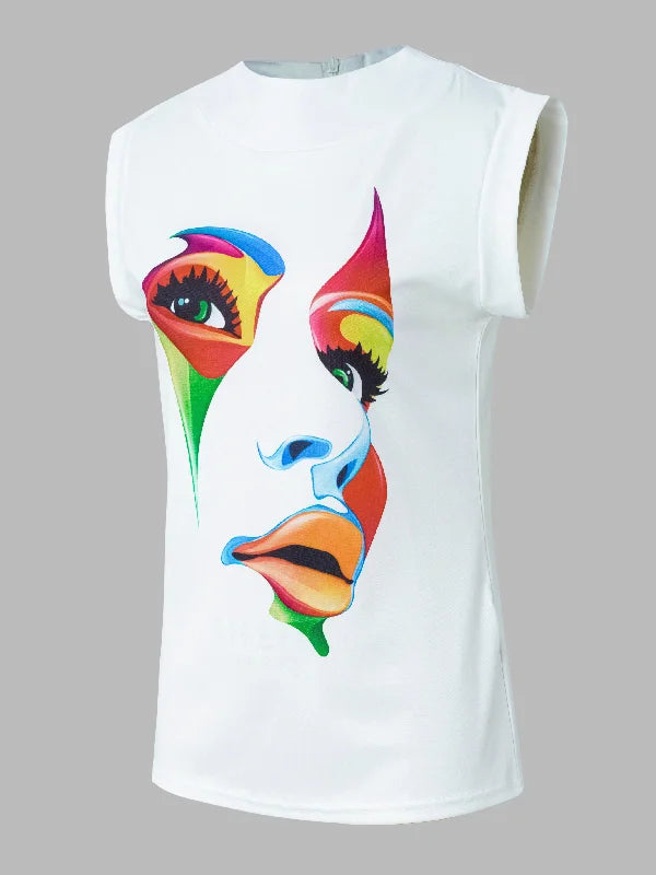 Original Casual High-Neck Cap Sleeves Face Printed T-Shirt Top L 105023